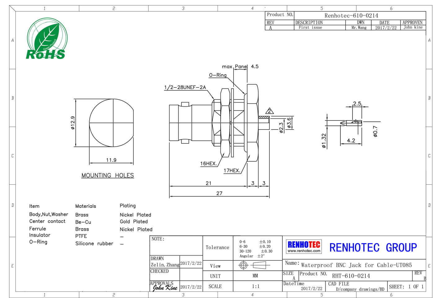 bnc接線母頭連接器直式180度穿墻焊接式接線