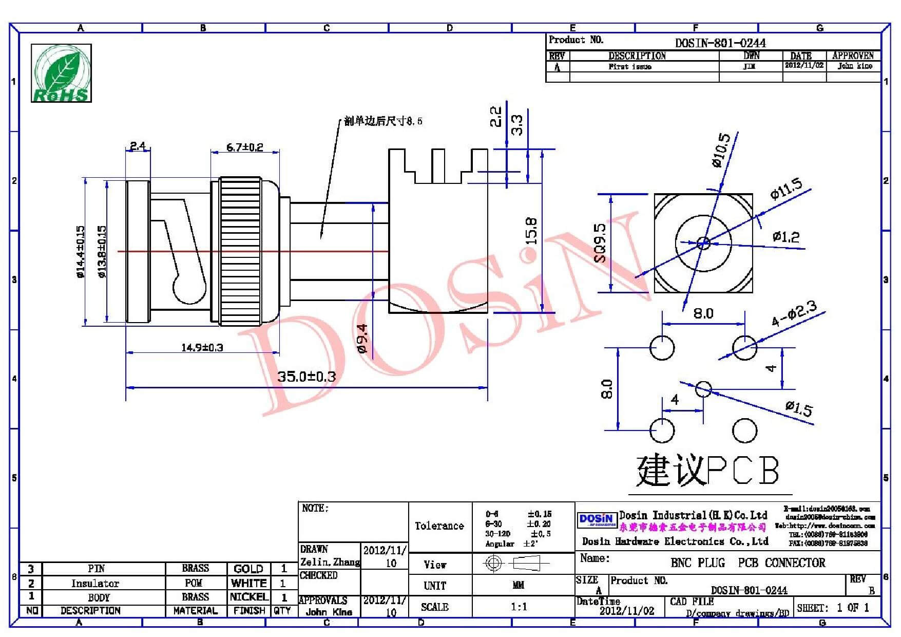 bnc連接器插板彎式180度母頭接PCB板
