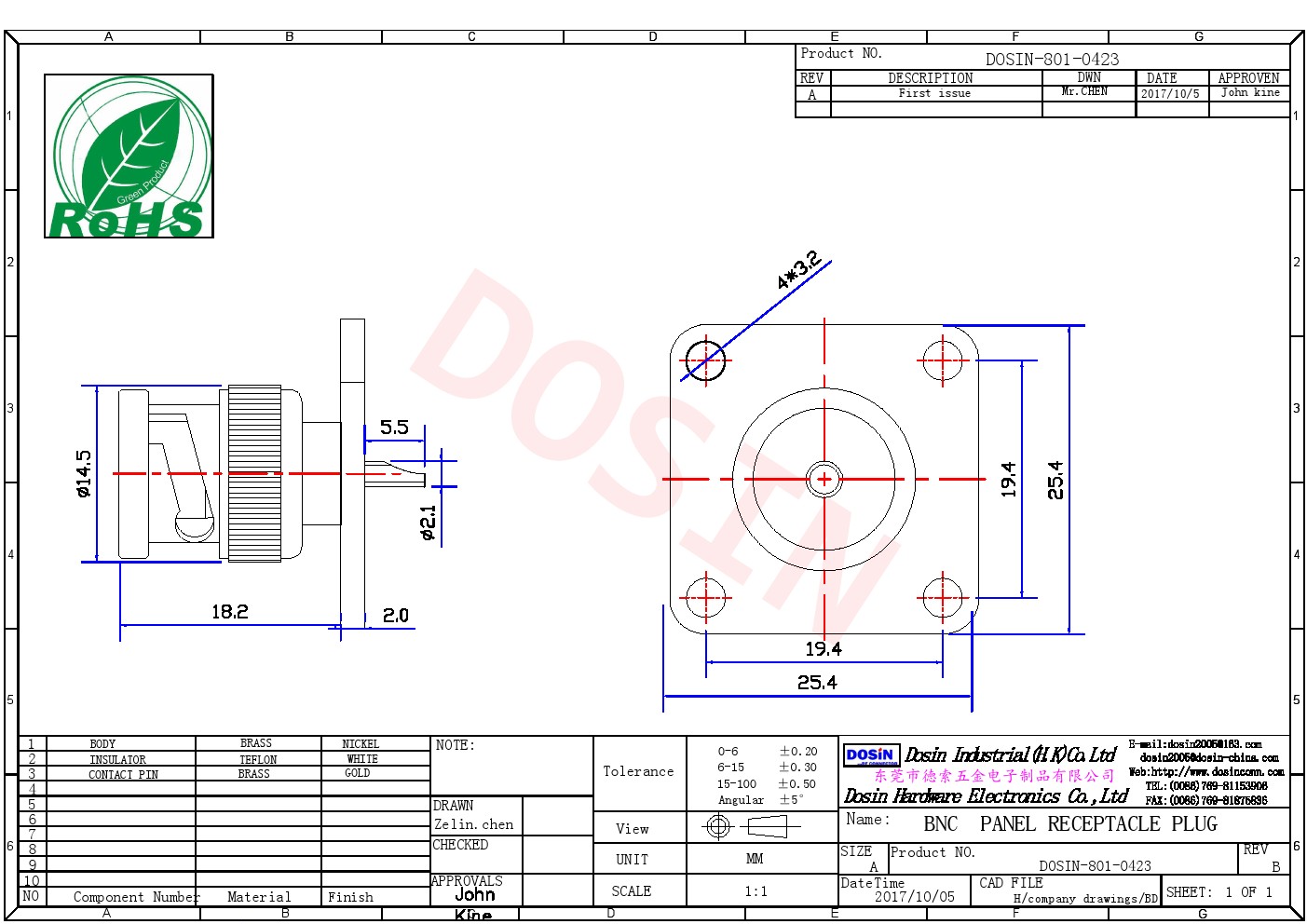 帶法蘭BNC連接器4孔母頭前鎖穿墻直式焊接式接線射頻同軸連接器