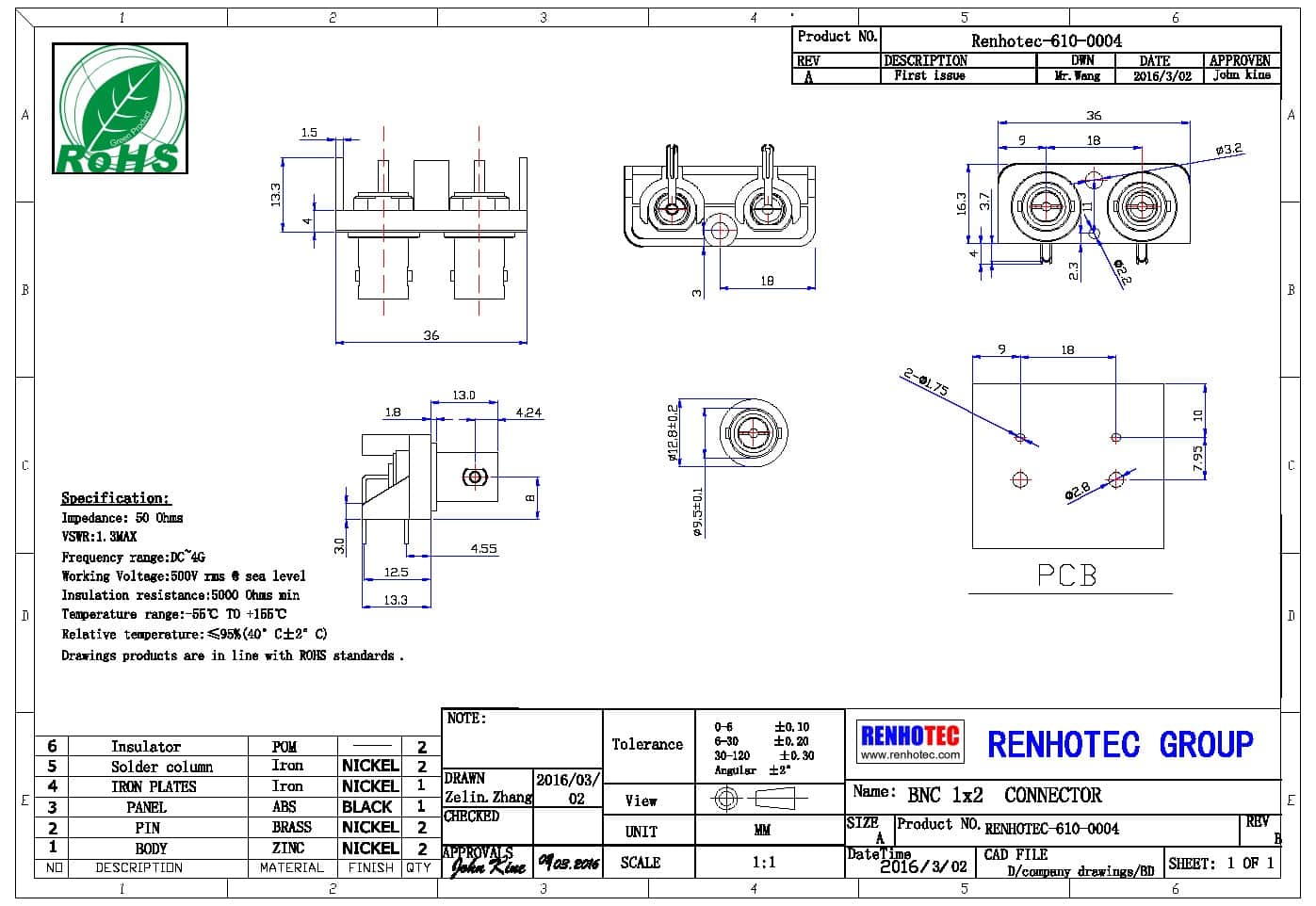 8同軸BNC連接器 PCB 射頻 連接頭直式50歐姆鋅合金