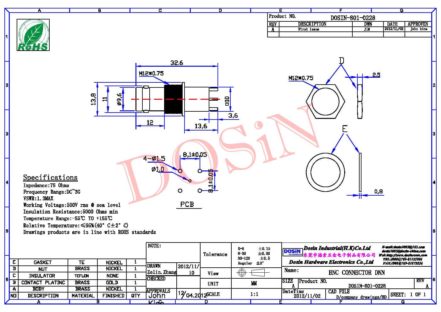 BNC接頭防水母頭直式標(biāo)準(zhǔn)75ΩPCB板安裝插孔鍍鎳連接器